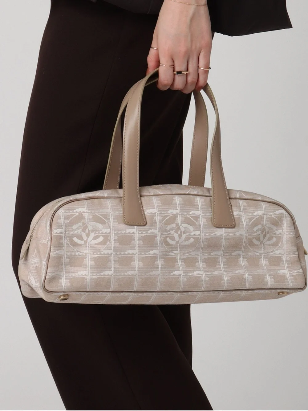 CHANEL Beige Logo Jacquard Satchel with Tan Leather Handles